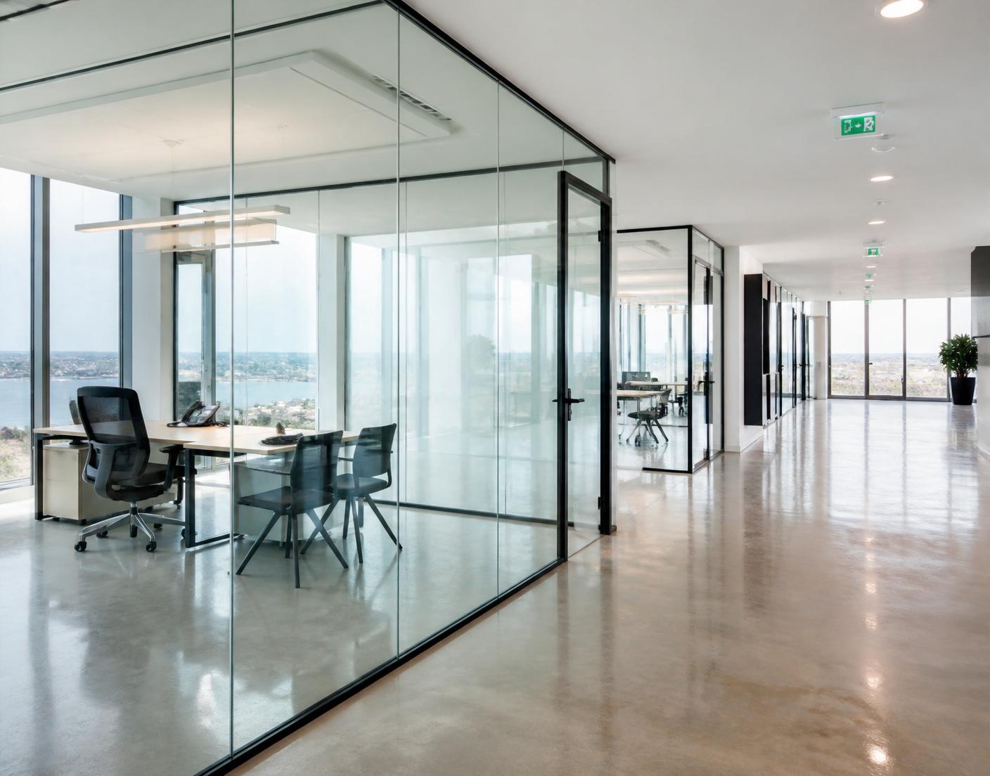Bureau professionnel lumineux aux planchers polis et cloisons vitrées impeccables